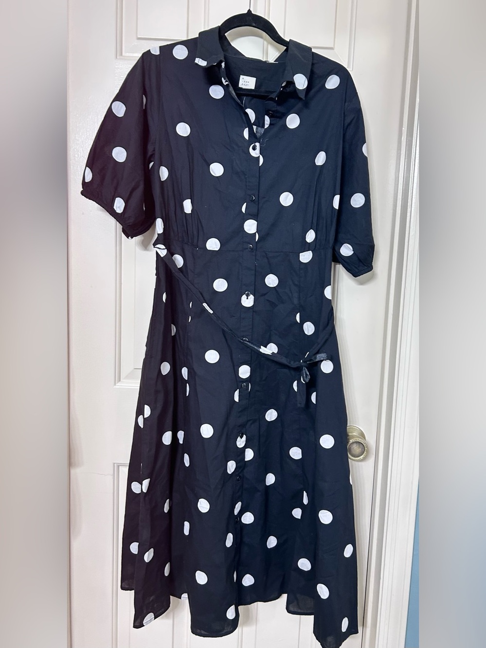 a new day Black and White Polka Dot Midi Shirt Dress